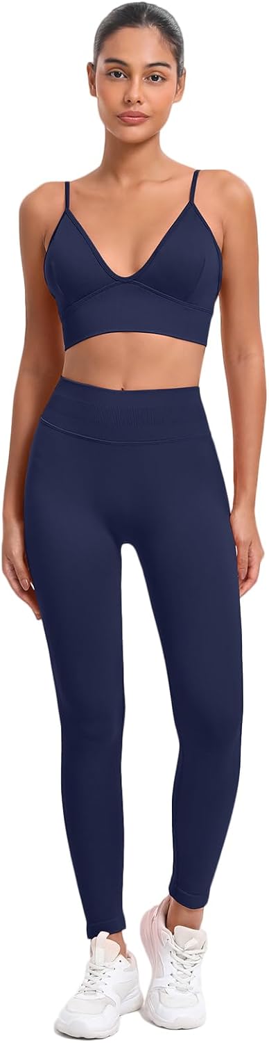 Women’s 2 Piece Seamless Workout Sets High Waisted Scrunch Yoga Leggings & V-Neck Padded Sports Bra Gym Pilates Outfits