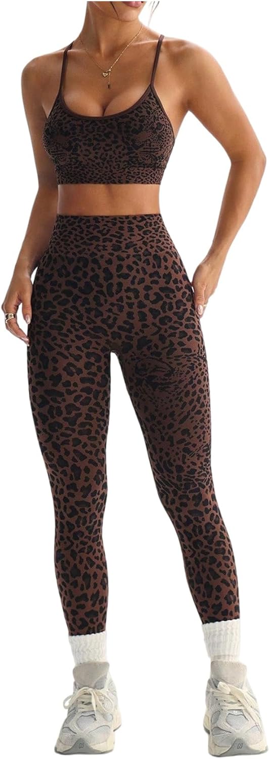 SHENHE Women’s 2 Piece Leopard Workout Set Seamless Cross Back Sports Bra and Leggings Yoga Outfits