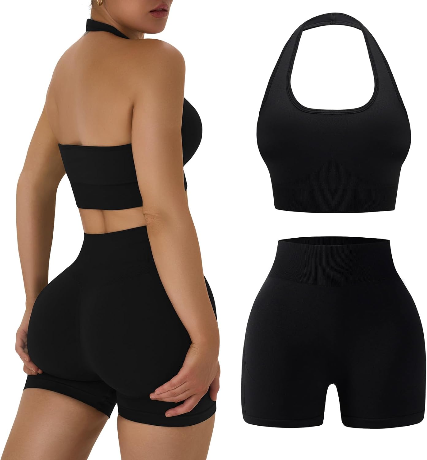 OLCHEE Workout Sets for Women 2 Piece Backless Halter Sports Bra High Waist Booty Shorts Yoga Gym Outfits Lounge Activewear