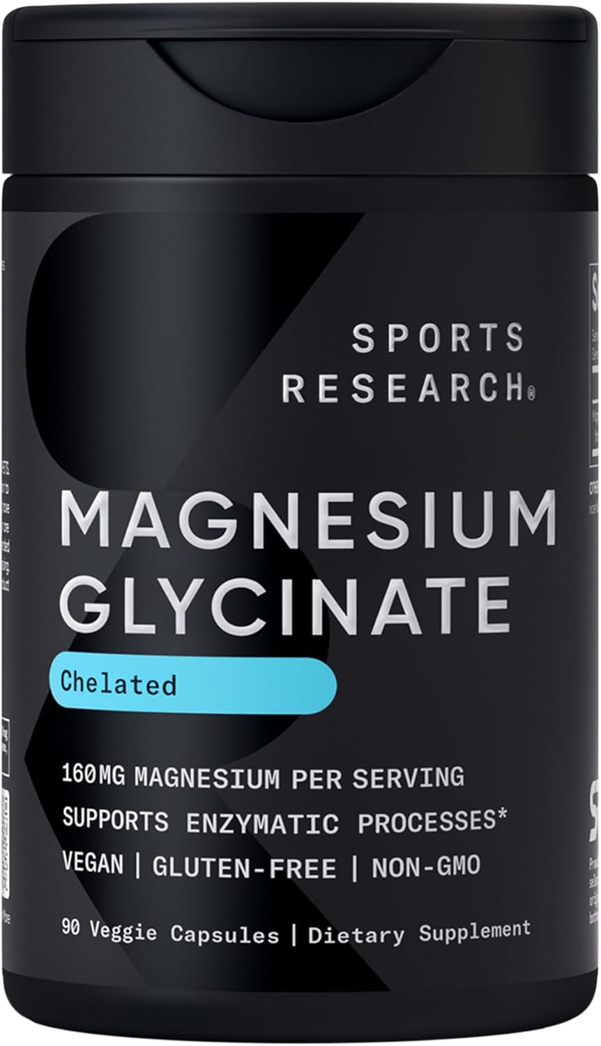 Sports Research® Magnesium Glycinate – Supports Restful Sleep & Enzymatic Processes – 160 mg Chelated Magnesium – Vegan Capsule – 90 Count