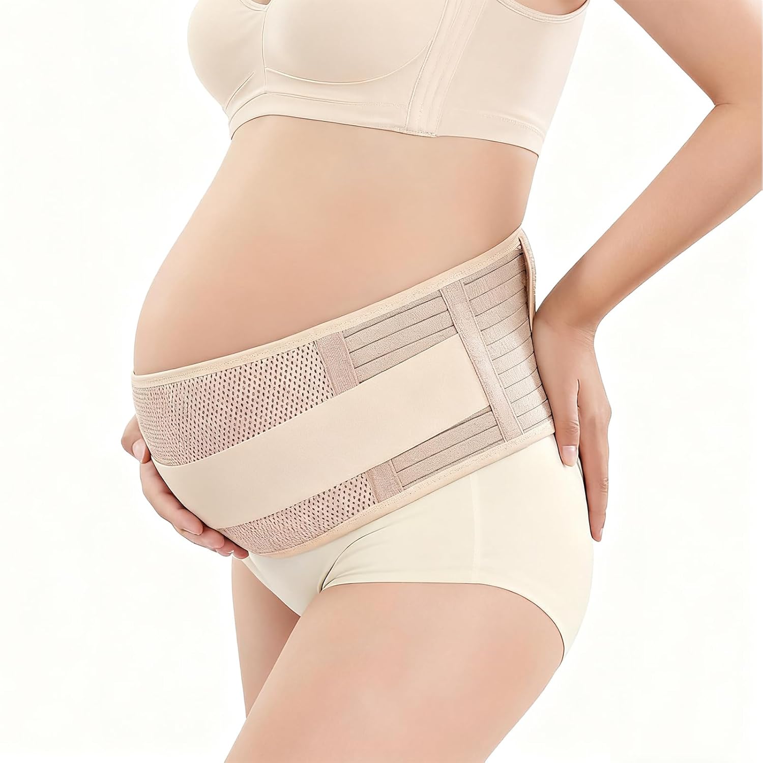 Maternity Belly Band, Pregnancy Support Belt with Adjustable Compression Wrap, Soft & Breathable Belly Bands for Pregnant Women and Pain Relief for Back, Pelvis (Beige)