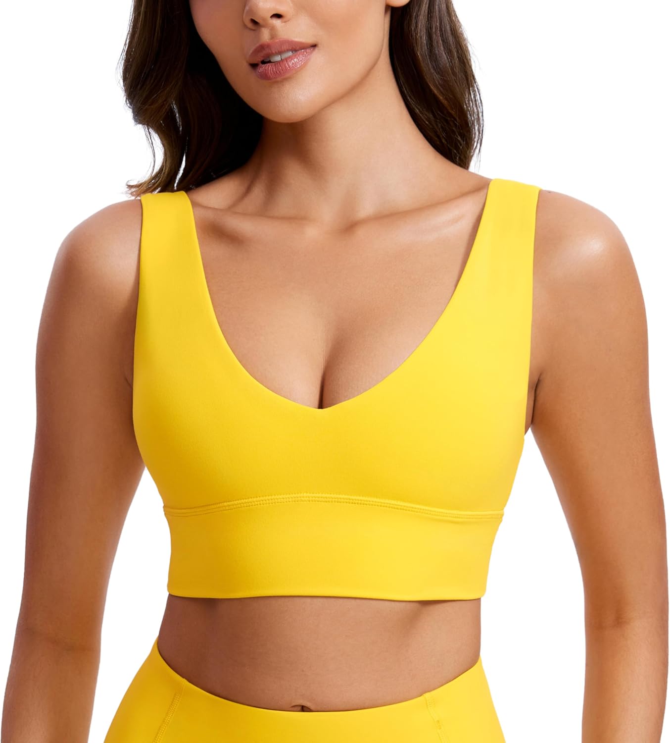 CRZ YOGA Butterluxe Womens V-Neck Longline Sports Bra – Wireless U-Shaped Open Back Yoga Low Impact Padded Crop Top