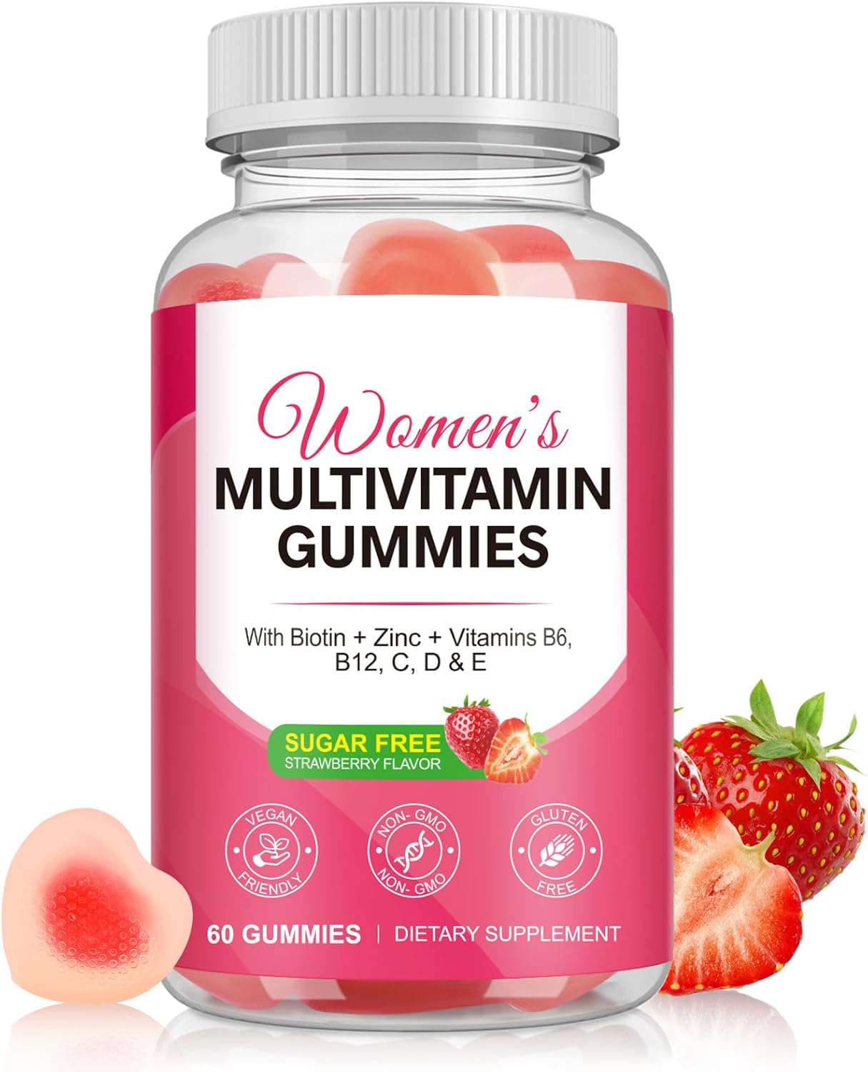 Multivitamin for Women, Womens Multivitamin Gummies with Minerals, Biotin + Zinc + Vitamins B6, B12, C, D & E,100% Natural Strawberry Flavor,No Sugar,60 Gummies