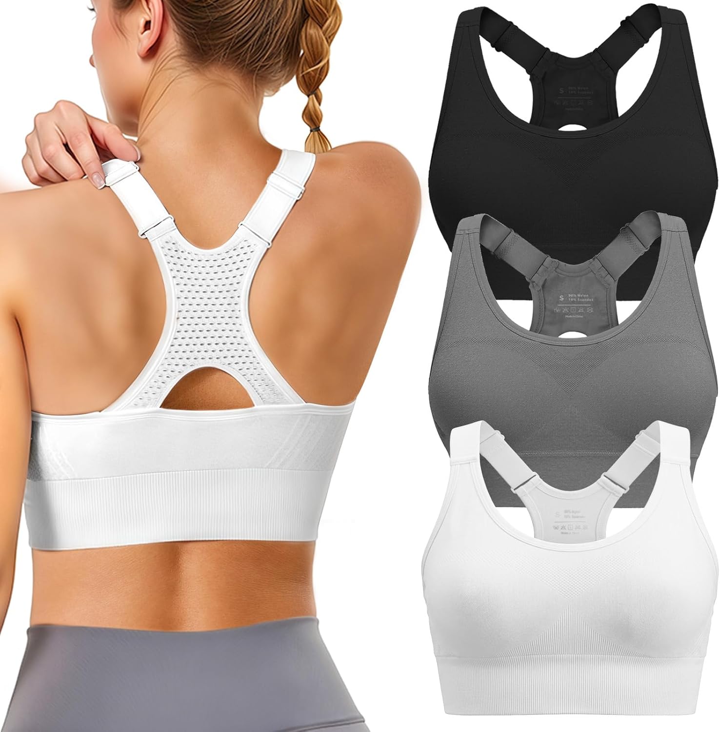 Adjustable Sports Bras for Women: 3 Pack High Support Padded Racerback Sport for Large Bust Workout Running Gym