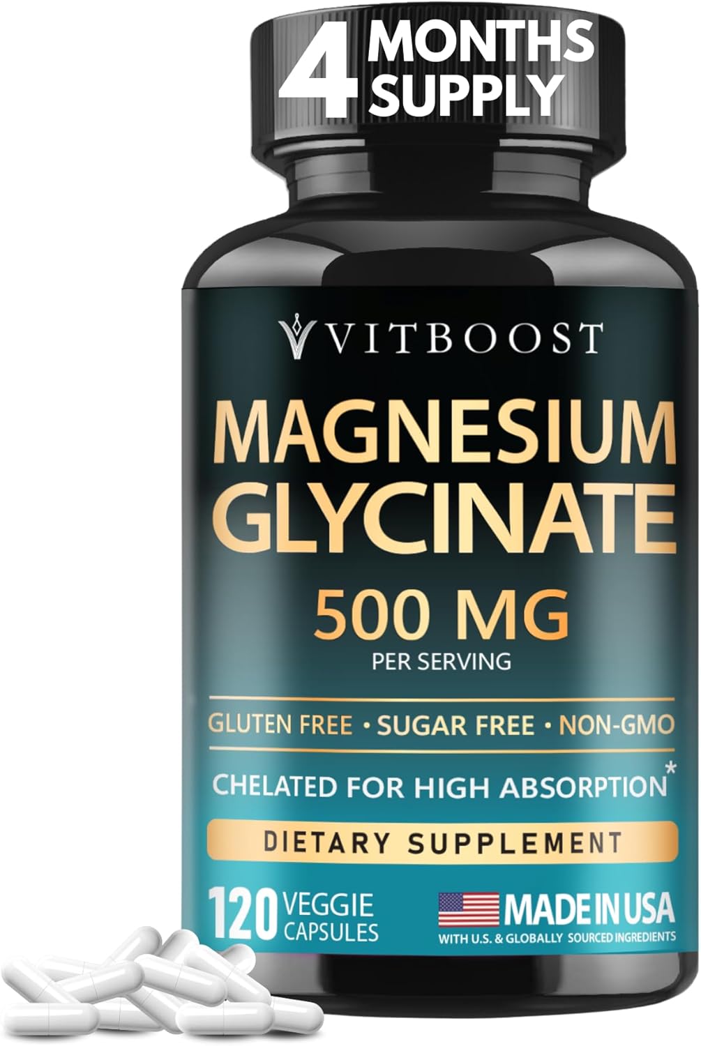 VITBOOST Magnesium Glycinate 500mg – High Absorption Chelated Supplement – Supports Sleep, Muscle Recovery & Heart Health – Non-GMO, Vegan – 120 Capsules – Made in USA