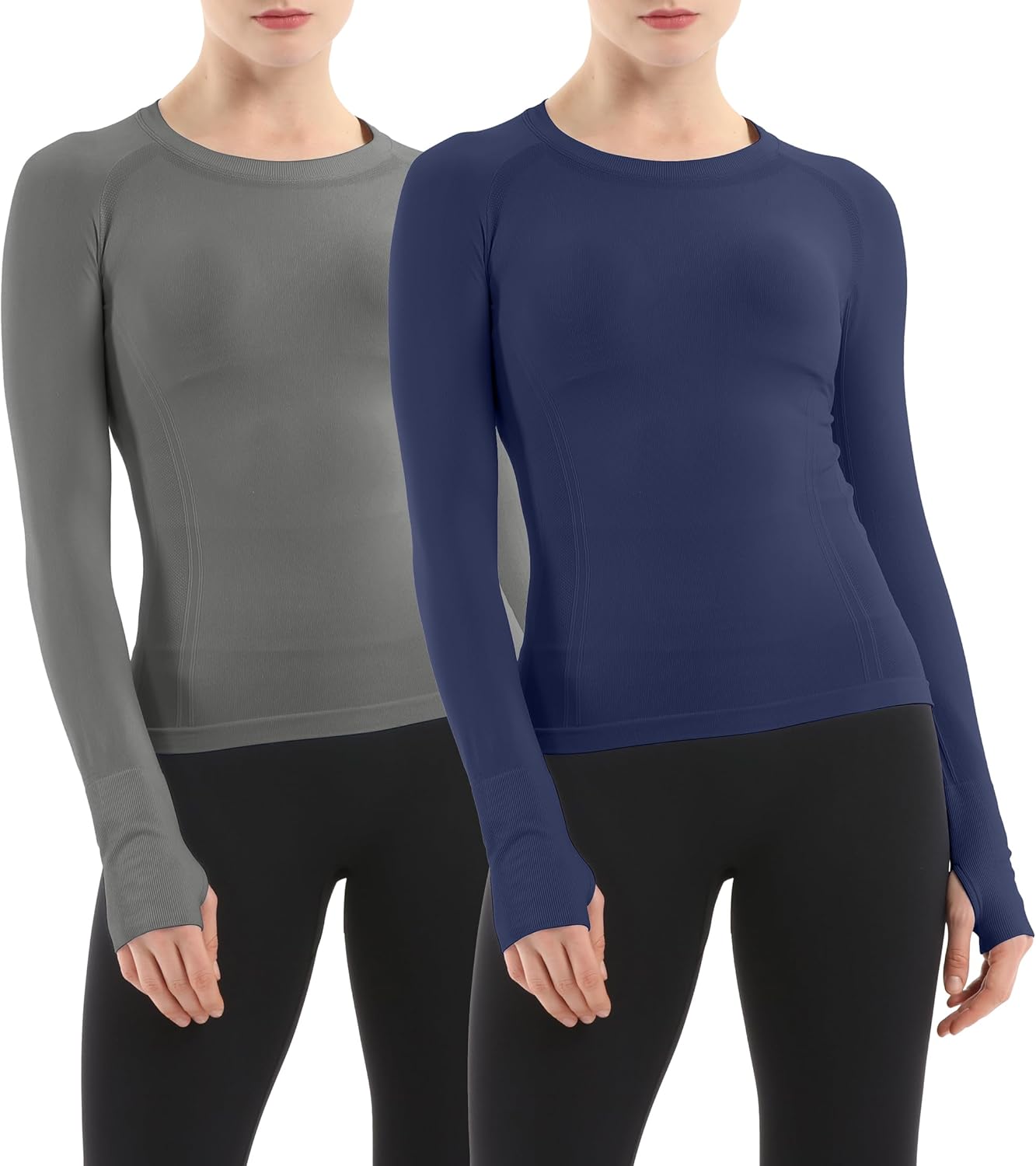 MathCat Seamless Workout Shirts for Women Long Sleeve Yoga Running Shirt Breathable Athletic Tops Slim Fit 2 Pack XS-XL
