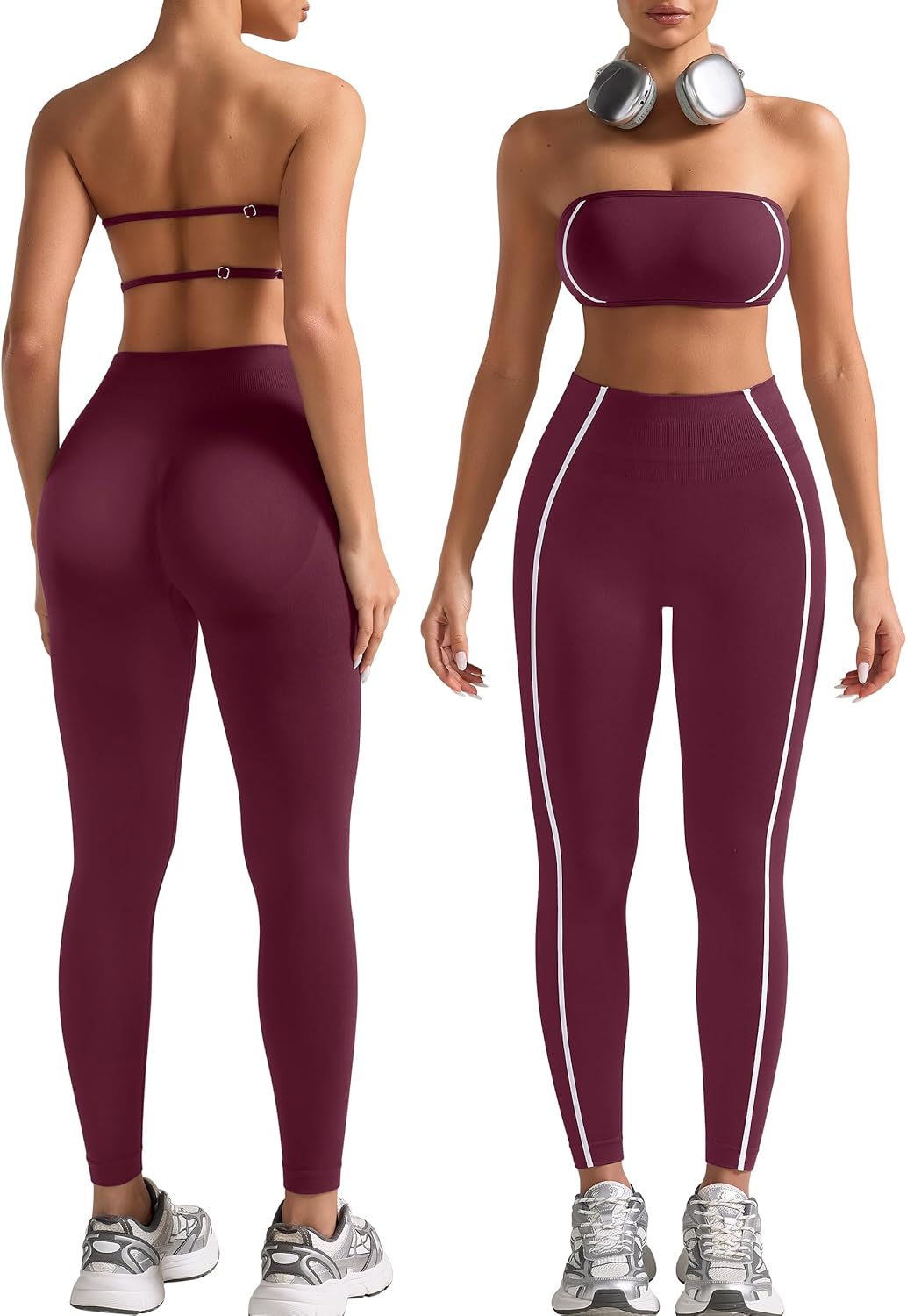 Relety Womens Workout Sets 2 Piece Seamless Bandeau Sports Bra Scrunch Butt Leggings Contrast Stripe Padded Yoga Outfits