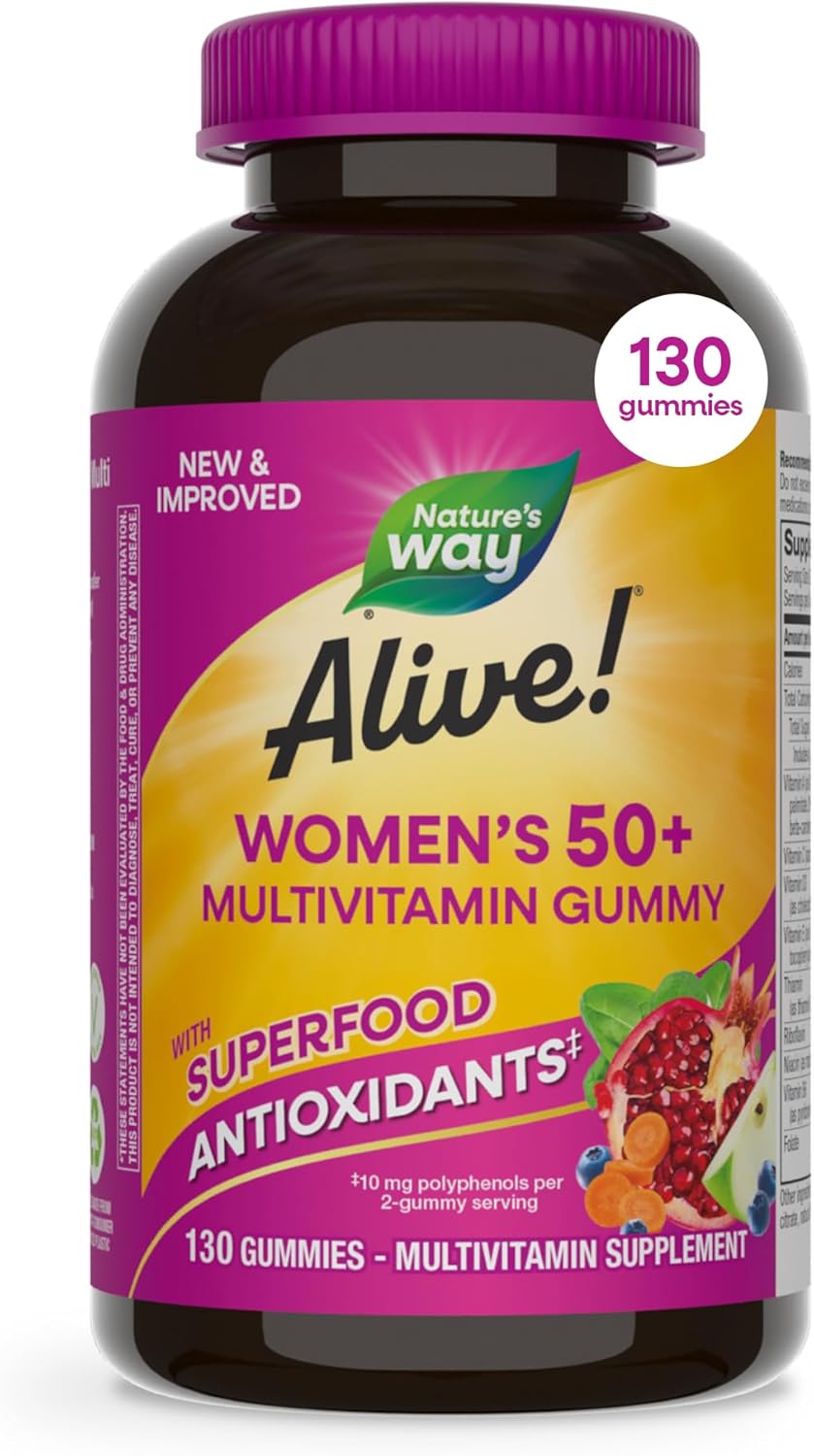 Nature’s Way Alive! Women’s 50 Plus Multivitamin Gummy, Daily Chewable Multivitamins with B-Vitamins, Vitamin D3, Calcium, Supports Heart, Brain & Bone Health,* Mixed Berry Flavored, 130 Count