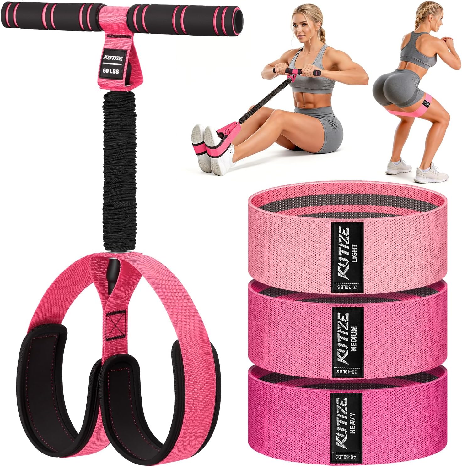 KUTIZE Pedal Resistance Band with Handle and Booty Bands Set for Women, 2 in 1 Fabric Exercise Bands for Core, Leg and Glutes, Full Body Home Gym Exercise Equipment for Yoga, Pilates, Physical Therapy
