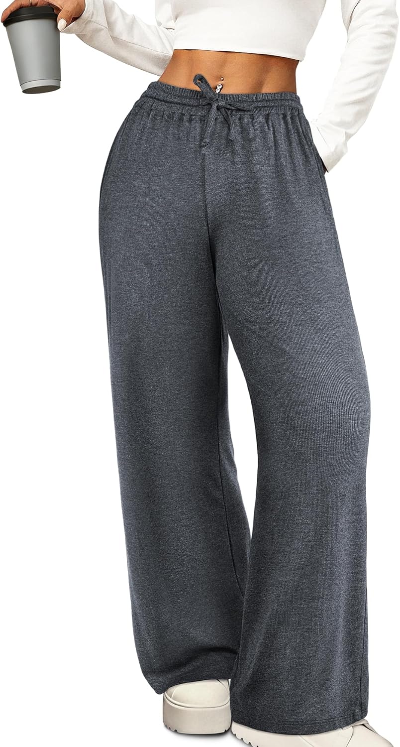 Womens Wide Leg Pants with Pockets Ribbed Knit Lounge Trousers Loose Comfy Casual Drawstring Pull On Pants