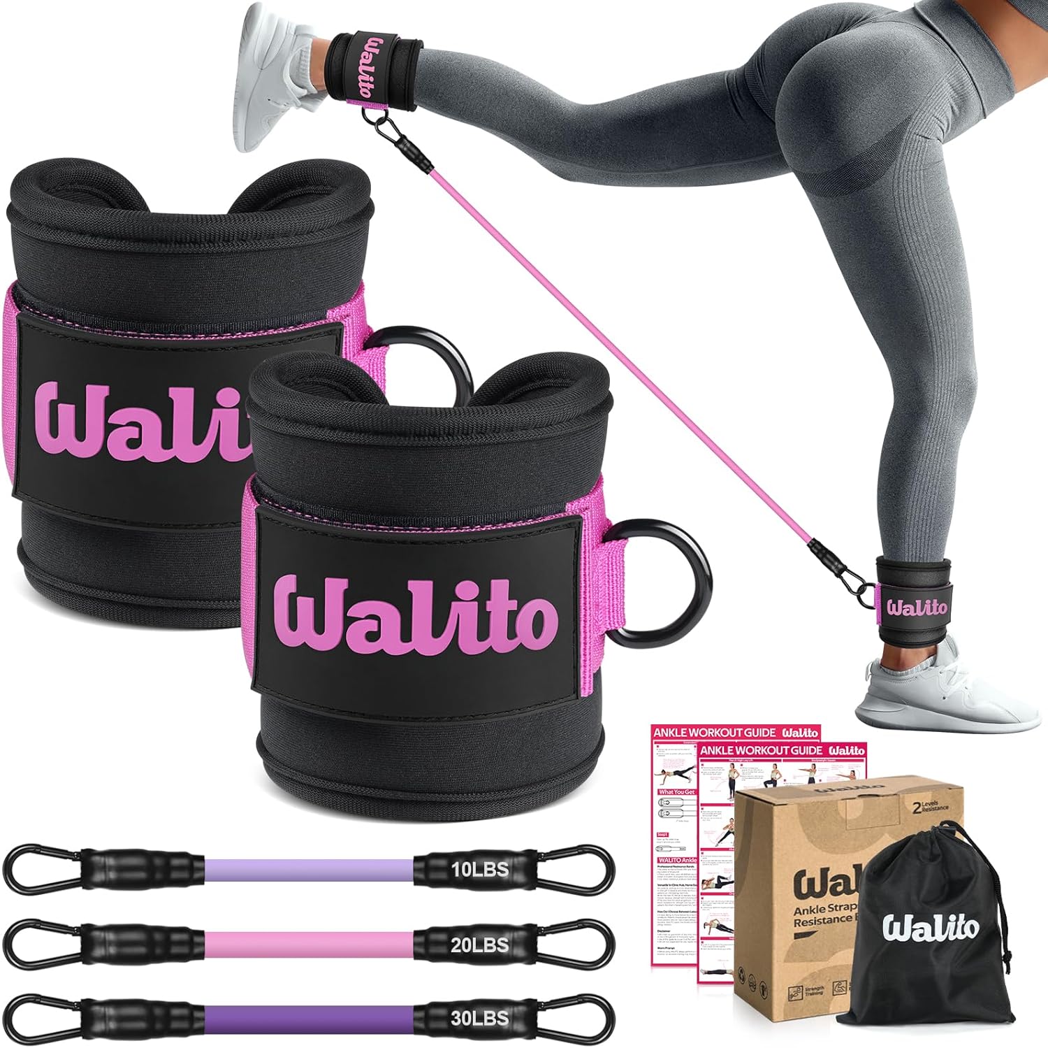 WALITO Ankle Resistance Bands with Cuffs, Exercise Bands for Legs and Butt, Booty Workout Equipment for Kickbacks and Hip Fitness Training