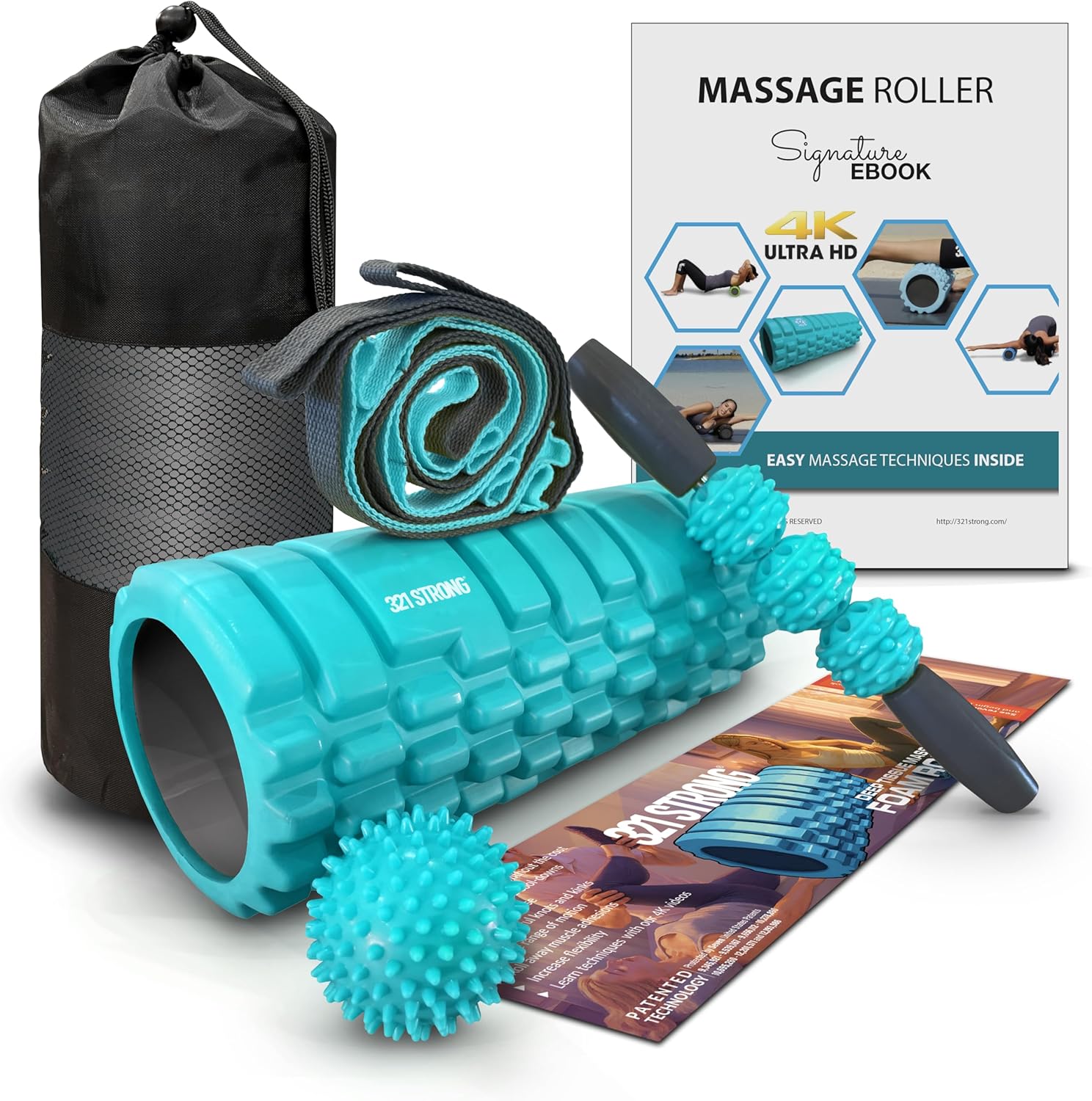 321 STRONG Foam Roller Set with: Hollow Core Roller, Muscle Roller Stick, Stretching Strap, Spikey Ball, Quick Start Guide, Carry Bag, and 4K eBook
