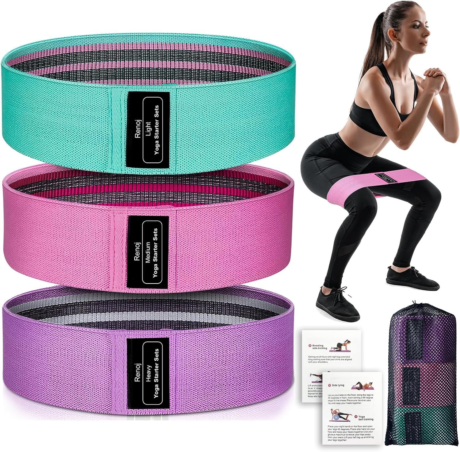 Renoj Resistance Bands for Working Out: 3-Set Professional Exercise Bands for Pilates, Yoga, Home Gym, Booty, Leg Training | Heavy/Medium/Light Fabric Loops for Women Men
